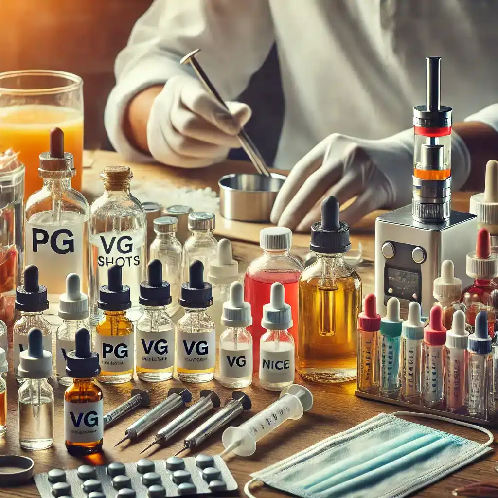 DIY E-Liquid: Eine Umfassende Anleitung zum Mischen von Aromen und Longfills für E-Zigaretten 5 Vape-Liquids und Nikotinsirup Flaschen auf einem Arbeits Tisch, mit Pipetten, Zerstäuber und medizinischer Maske für E-Zigaretten und Liquids.