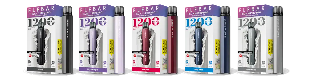 Das ELFBAR Elfa Turbo Pro Set vereint einen leistungsstarken 1200-mAh-Akku mit Zugautomatik und einem wiederbefüllbaren 2-ml-Elfa Turbo Pod mit 0,8-Ohm-Mesh-Coil. LED-Akkuanzeige, USB-C-Laden und magnetische Pod-Verbindung inklusive. Kompatibel mit ELFBAR Elfa PreFilled Pods. Erhältlich in 5 Farben – jetzt im Letz-Go-Shop bestellen.