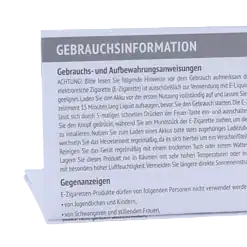 Gebrauchsinformation für E-Zigaretten, Anleitung zur sicheren Nutzung, Hinweise zur Handhabung, Pflege und Lagerung, inklusive Warnhinweisen und Ausschlusskriterien.