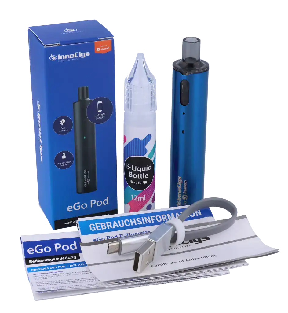 InnoCigs eGo POD E-Zigaretten Set 6 EGo Pod E-Zigaretten Set mit 1000 mAh Akku, Liquid-Pouch, USB-Ladekabel und Bedienungsanleitung.