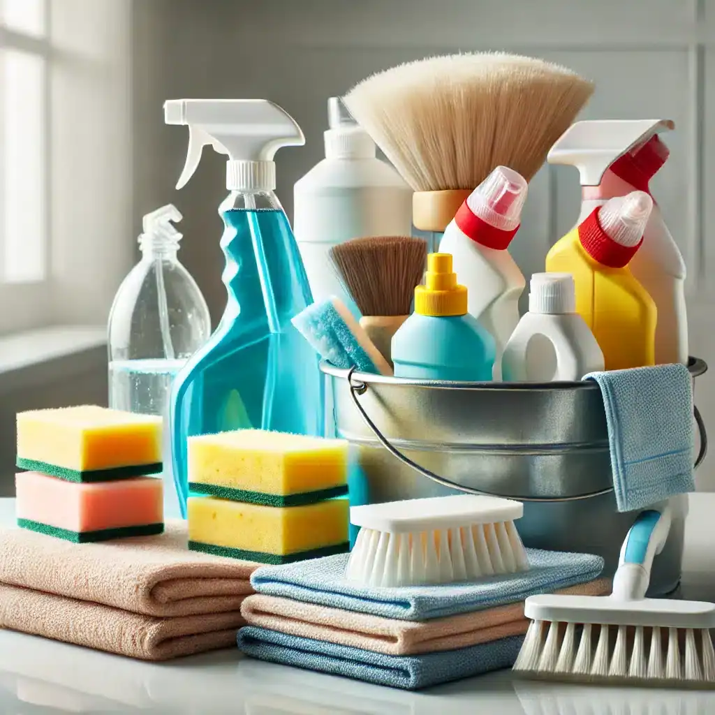 Pflege und Wartung Ihrer E-Zigarette 1 Sauberkeit Reinigungszubehör mit Sprühflaschen, Schwämmen, Bürsten und Trockentüchern für effiziente Hausreinigung und Hygiene.