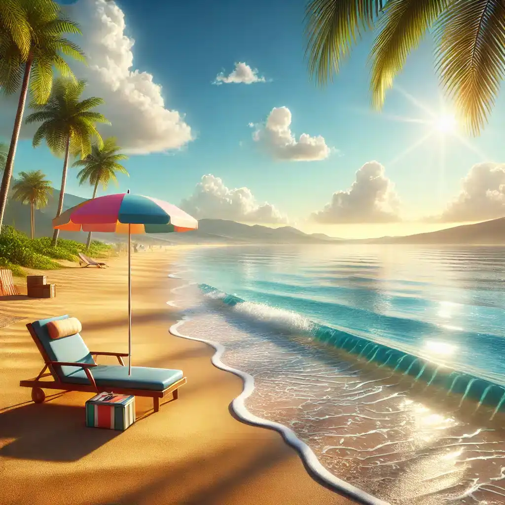 Wichtige Information: Ladenschließung wegen Urlaub 2 Strand mit Liegestuhl, Sonnenschirm und Palmen bei Sonnenuntergang, entspannte Urlaubsszene an einem tropischen Paradiesstrand, blauer Himmel, ruhiges Meer, perfekte Urlaubsatmosphäre.