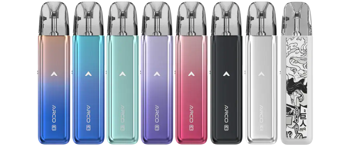 Bunte ARCO E-Zigaretten, diverse Farben, langlebiger Akku, modernes Design, vielseitige Geschmacksrichtungen, einfache Handhabung, stylisches Vape-Gerät, innovative Dampftechnologie, für Einsteiger und Profis geeignet, hochwertige Verarbeitung, trendiges Accessoire.