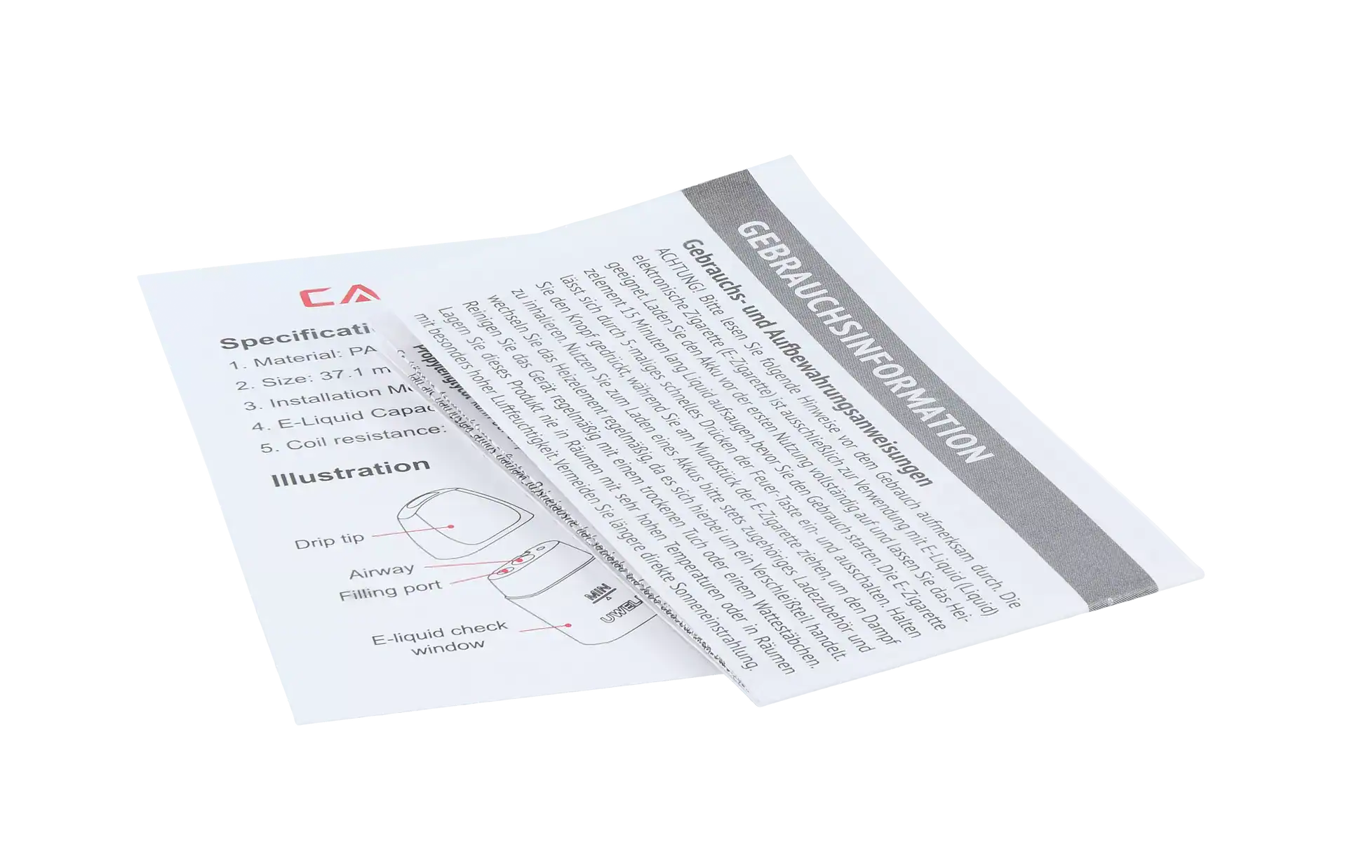 Uwell Caliburn A2 Pod 0,9 Ohm Pod 3 Vordruck mit Gebrauchsanweisung für ein E-Liquid, technische Zeichnung und Produktdetails auf weißem Papier, ideal für Vape-Produkte.