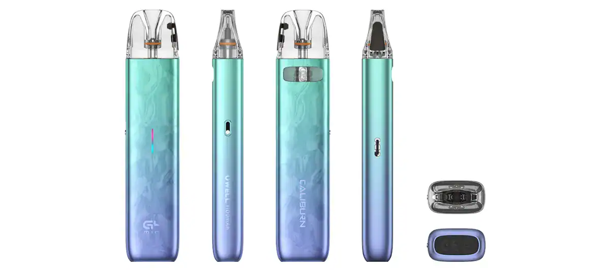 Leichtes, kompaktes Vape-Gerät in Blau mit transparentem Watte-Design, inklusive Schutztasche und Ersatzteile, ideal für unterwegs und zum einfachen Dampfen.