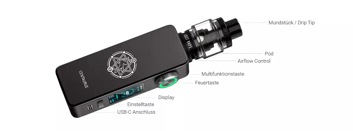 Premium Vape Gerät mit Touchscreen, USB-C Anschluss, Multifunktionstaste, Display und Airflow Control, perfekt für Dampfer.
