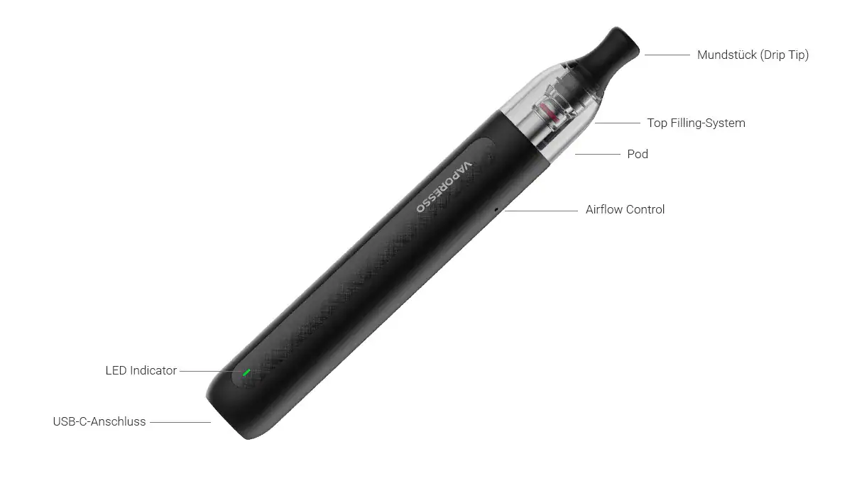 Kompatibles Vape-Pen mit Dip Tip, Top Filling-System und LED-Indikator.