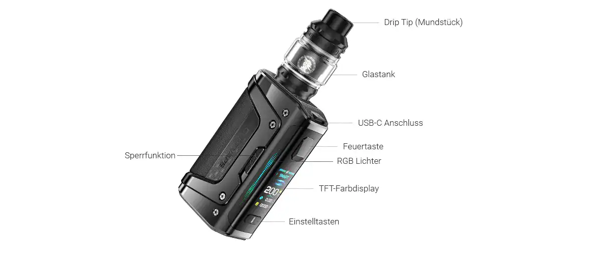 Modisches Vape-Set mit digitalem Display, RGB-Lichter und USB-C-Anschluss, ideal für Dampfer. Perfekt für Erlebnis und Geschmack, vielseitig einstellbar.