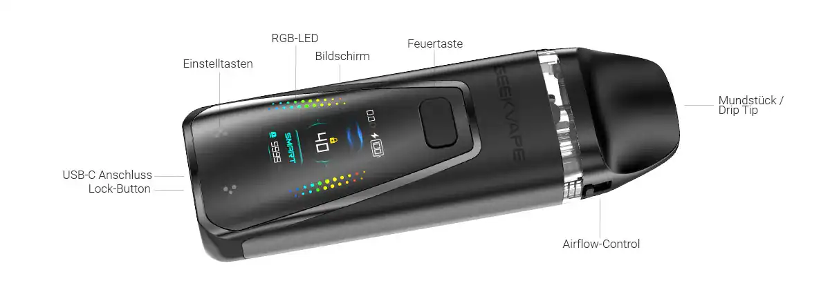 Wegbare elektrische Zigaretten-Inhalator mit USB-C-Anschluss, Touch-Display, LED-Lichtring und ergonomischem Design für ein angenehmes Dampferlebnis.