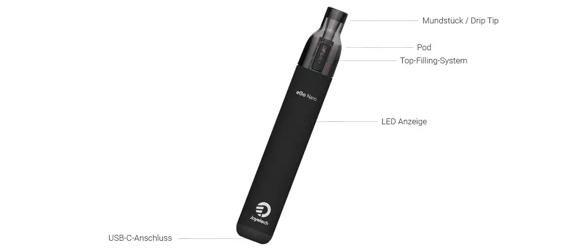 USB-C Anschluss, eGo Nano E-Zigarette, tragbar, mit LED Anzeige, Top-Filling-System, Drip Tip, praktische Vape-Pen, einfaches Nachfüllen, für Genuss unterwegs, hochwertiges Design, Vape-Dampfgerät.
