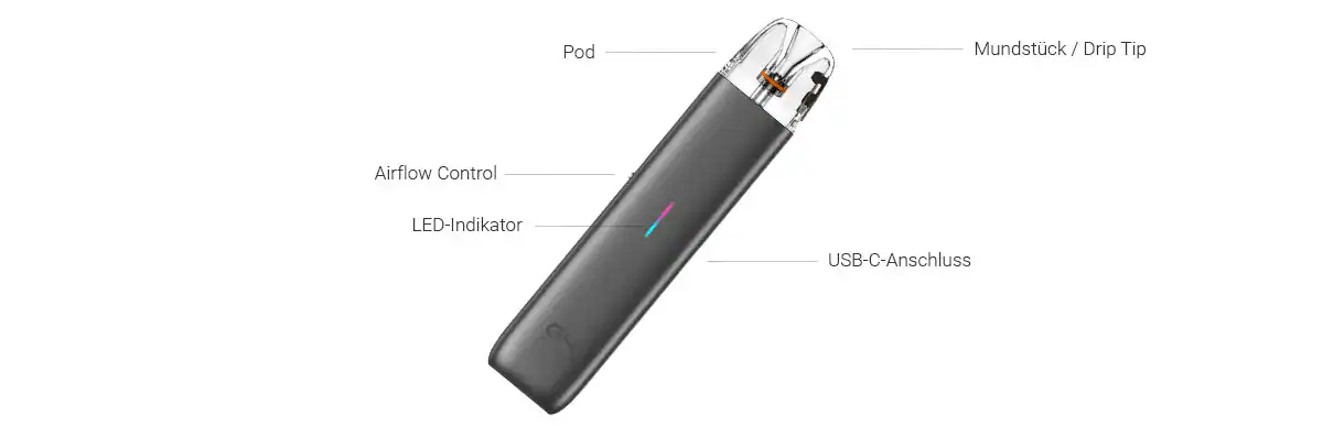 Wechselbarer Pod mit Luftstromkontrolle für E-Zigaretten, modernes Design, LED-Indikator, USB-C Anschluss, kompakter Dampf-Generator. Ideal für Dampfer, die Wert auf Qualität und einfache Handhabung legen.
