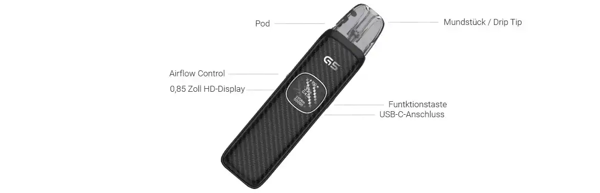 Uwell Caliburn G5 E-Zigaretten Set 3 Das Uwell Caliburn G5 Pod Kit überzeugt mit 1600 mAh Akku, 35 Watt, OLED-Display mit 9 Themes und PRO-FOCS 4.0 Technologie. Storm & Waves Mode, Side-Fill, stufenlose Airflow und USB-C Fast Charge. Kompatibel mit Caliburn G3 und G4 Pods – inklusive 0,6 & 0,9 Ohm GPP Alpha Pod.