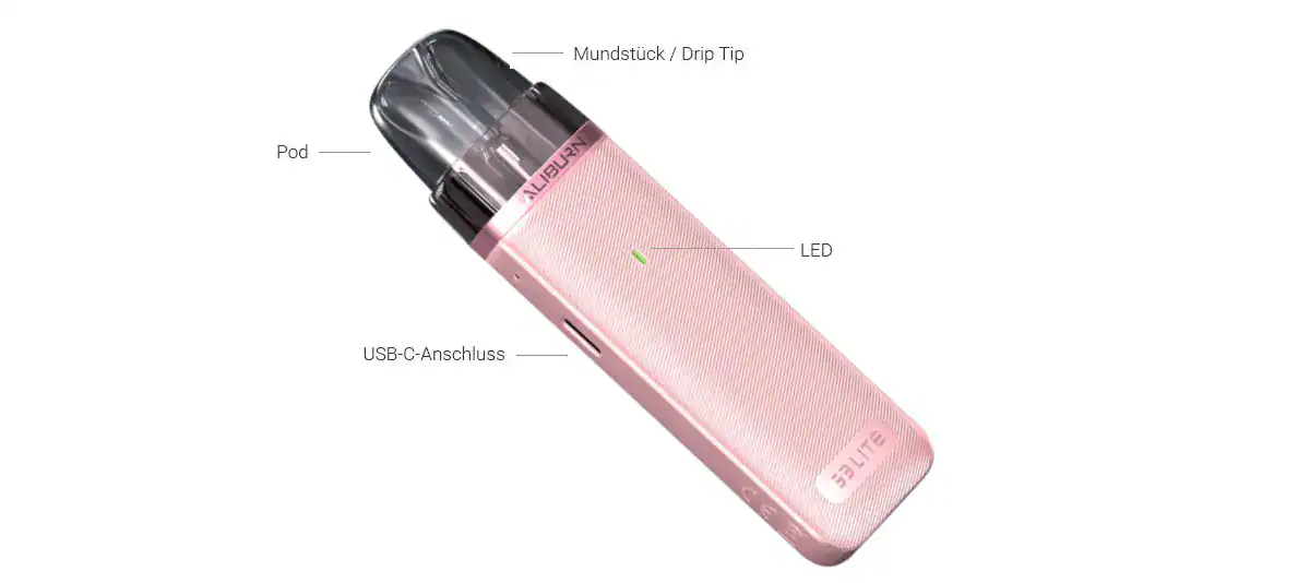 Pinkes Vape-Pod mit LED-Anzeige, USB-C Anschluss und Drip Tip, ideal für unterwegs.