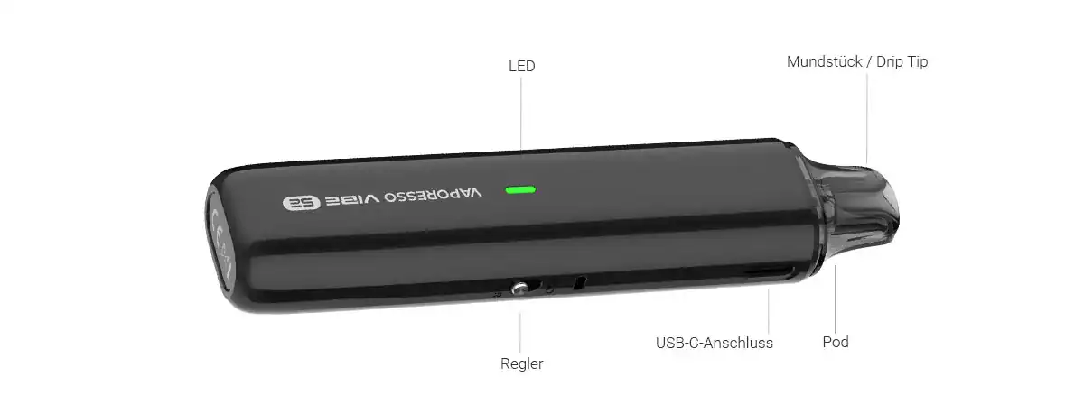 Compactes Vape-Gerät mit USB-C-Anschluss, LED-Indikator, Regler und Mundstück, ideal für unterwegs, in schlichter schwarzer Optik mit LETZ GO Logo.