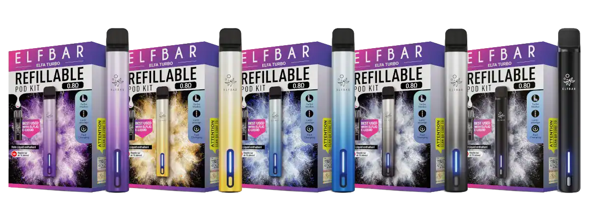 Refillbare Elfbart Turbo Pod Kits in verschiedenen Farben, inklusive liquid, ideal für E-Zigaretten.