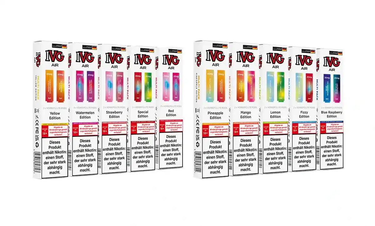 VG AIR E-Zigarettenpackung mit Geschmacksrichtungen wie Wassermelon, Erdbeere, Ananas, Mango, Zitrone und Blaubeere, jeweils in stylischer Verpackung.