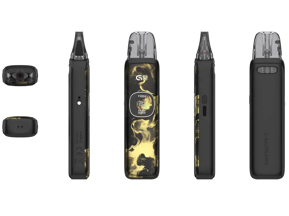 Uwell Caliburn G5 E-Zigaretten Set 4 Das Uwell Caliburn G5 Pod Kit überzeugt mit 1600 mAh Akku, 35 Watt, OLED-Display mit 9 Themes und PRO-FOCS 4.0 Technologie. Storm & Waves Mode, Side-Fill, stufenlose Airflow und USB-C Fast Charge. Kompatibel mit Caliburn G3 und G4 Pods – inklusive 0,6 & 0,9 Ohm GPP Alpha Pod.